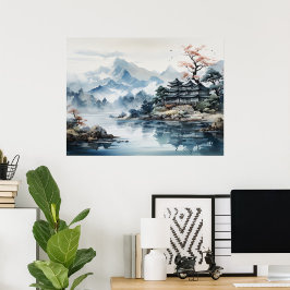 Poster Lago Mountain, Paisagem com Aquarela Japonesa