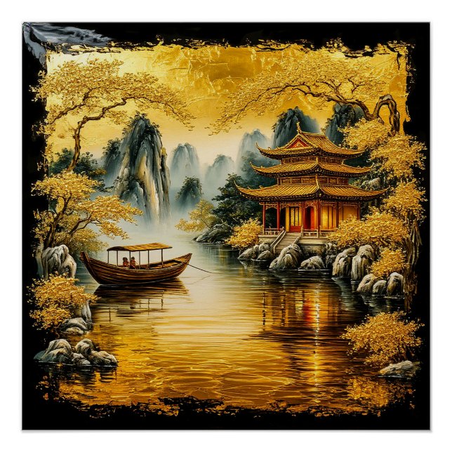 Pôster Lago Oriental Dourado com uma Pagode (Frente)