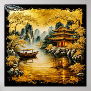 Poster Lago Oriental Dourado com uma Pagode