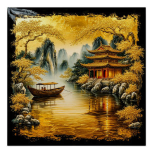 Pôster Lago Oriental ouro com Pagoda