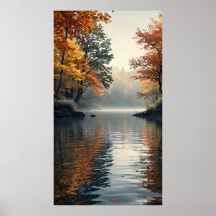 Poster lago pacífico cercado por árvores do outono