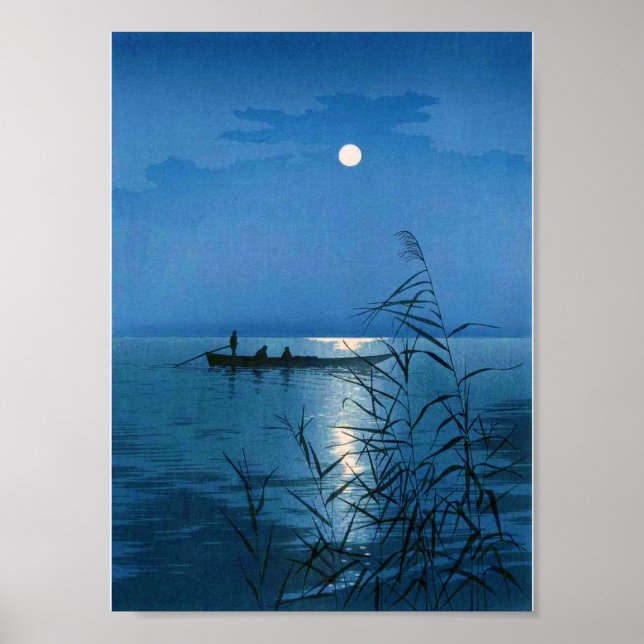 Poster Lago Reed e Lua Cheia, Koho Shoda, Woodcut (Frente)