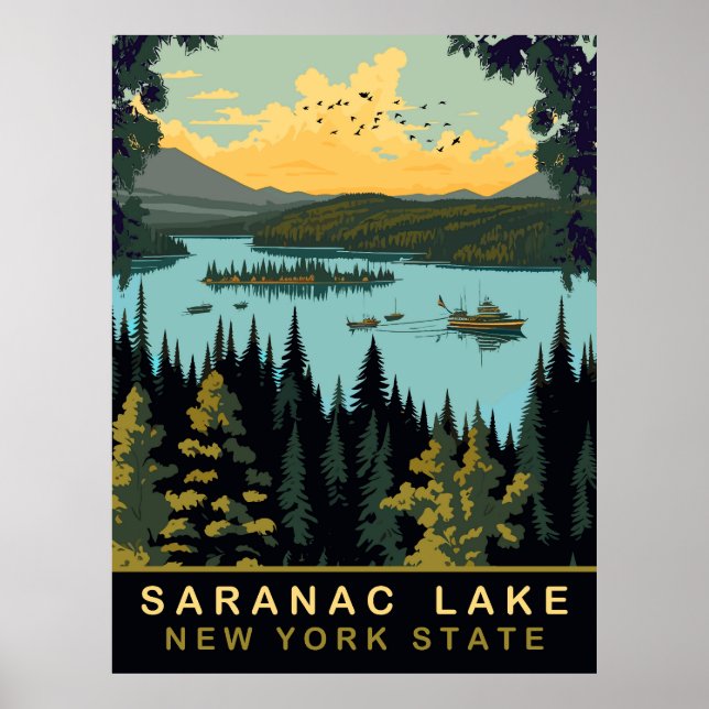 Poster Lago Saranac, NY, Viagem Antiga (Frente)
