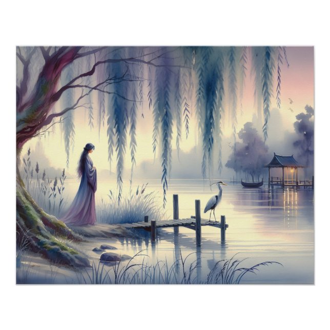 Pôster Lago Serene Fantasy com Willow e Heron (Frente)