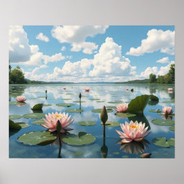 Poster Lago Silencioso com Flores de Água e Céu Nublado