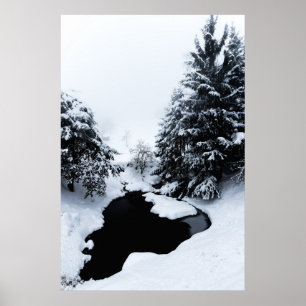 Poster Lagoa de neve e árvores desaparecendo no nevoeiro