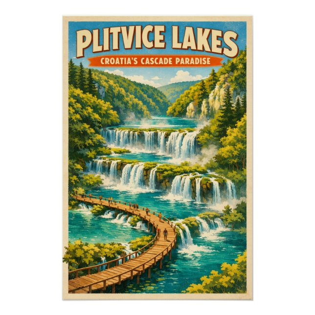 Pôster Lagos de Plitvice, Croácia, em um clássico retro d (Frente)
