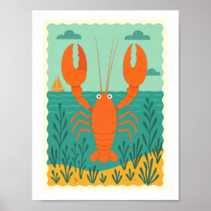 Poster Lagosta Retro Oceano Náutico Vida Marinha Costeira
