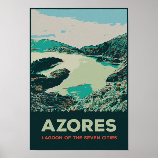 Poster Laguna dos Açores de 7 cidades ilustrando Portugal (Frente)