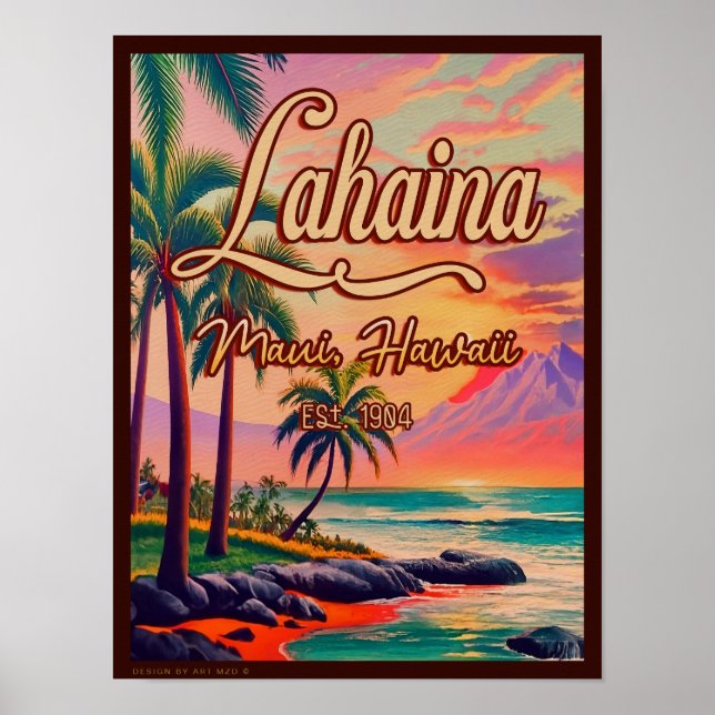 Poster Lahaina Maui Hawaii Retro Sunset Souvenir 1950 (Frente)