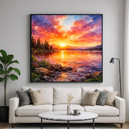 Poster Lake Sunset - Watercolor Painting Style