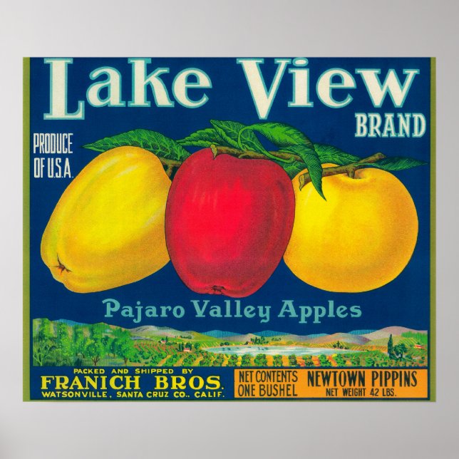 Pôster Lake View Apple Label - Watsonville, CA (Frente)