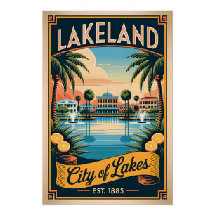 Pôster Lakeland Antiga Cidade dos Lagos da Flórida Retro