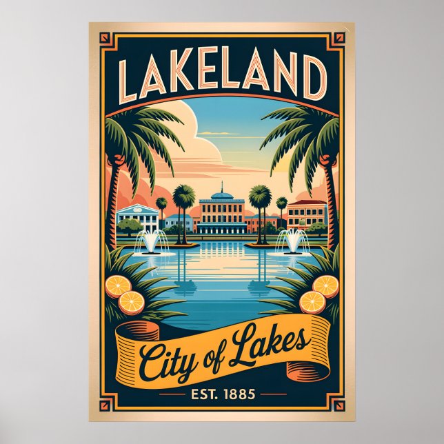 Poster Lakeland Antiga Cidade dos Lagos da Flórida Retro  (Frente)
