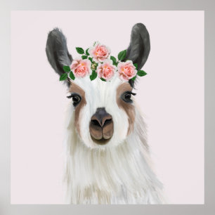 Poster Lama Bonito Fluffy Com Coroa De Rosa