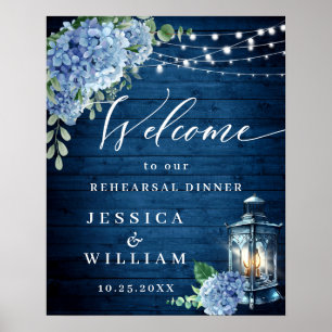 Poster Lâmpada de Hidrangea Azul Madeira Boho Jantar de E