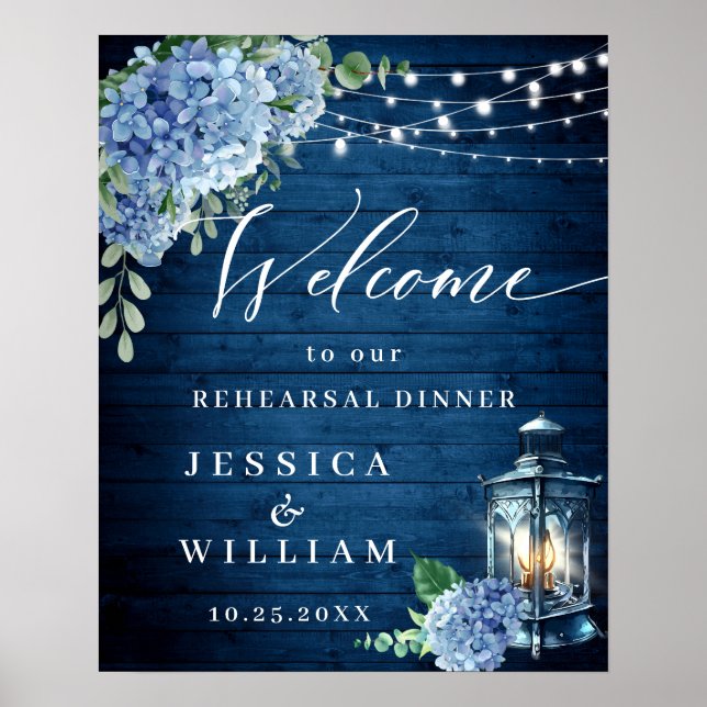 Poster Lâmpada de Hidrangea Azul Madeira Boho Jantar de E (Frente)