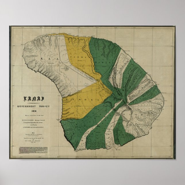 Pôster Lanai, 1878, Vintage Hawaii Map (Frente)