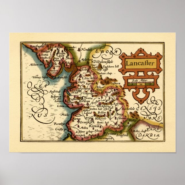 Poster Lancashire County England Antigo Mapa Antiquário (Frente)
