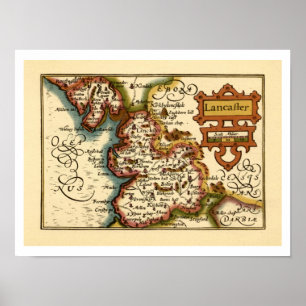 Poster Lancashire County England Antigo Mapa Antiquário
