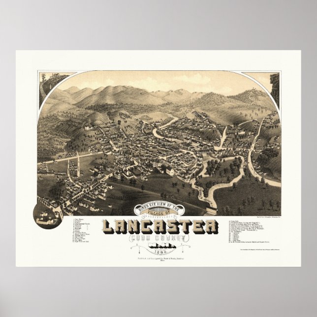 Poster Lancaster, Mapa Panorâmico NH - 1883 (Frente)