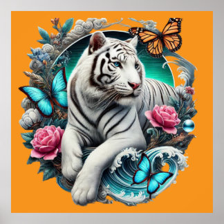 POSTER LANDSCAPE WITH TIGER, BUTTERFLIES AND FLOWERS