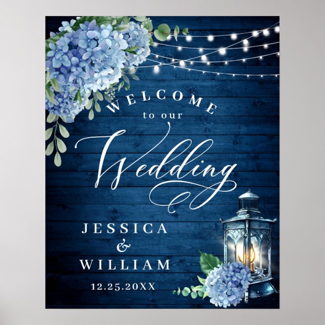 Poster Lanterna Floral de Hydrangea Azul Bem-vindo Casame (Frente)