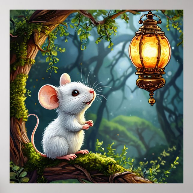 Poster 🐭🏮 Lanterna Noturna de Rato Branco Fofo Arte Aco (Frente)