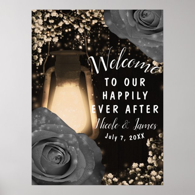 Poster Lanterna Rustic Glow Cinza Rosas Casamento Boas-vi (Frente)