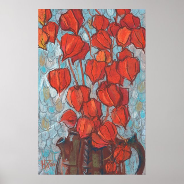 Poster Lanternas Chinesas, Pintura Floral de Physalis Aut (Frente)