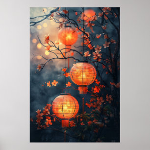 Poster Lanternas Japonesas à Noite – Arte em Aquarela Que