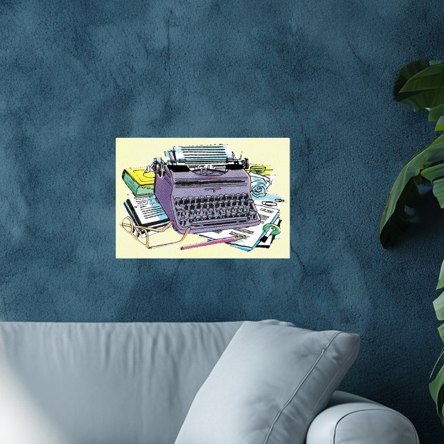 Pôster Lápis de Papel de Máquina de Digitalização de Ferr (Vintage purple manual typewriter, books, pencils, paper on yellow art wall poster.)