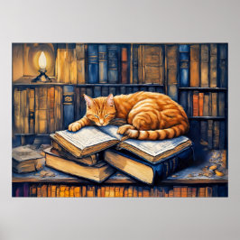 Poster Laranja-Aquarela Gato Dormindo em Livros