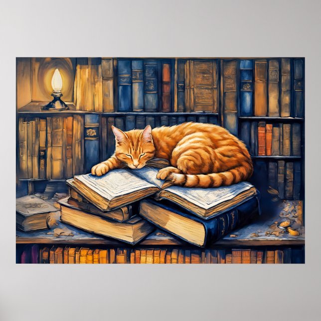 Poster Laranja-Aquarela Gato Dormindo em Livros (Frente)