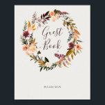 Poster Laranja Borboleta | Símbolo de livro convidado beg<br><div class="desc">Este floral laranja burgundy | sinal de livro de hóspedes bege é perfeito para o seu casamento ruidoso, verde escuro e jardim de ouro. Design apresenta uma coroa ou buquê de pêssego de cor d'água minimalista, rosa poeirento, roxo e rosas claro florais juntamente com cobre, verde, amarelo e verde cor...</div>