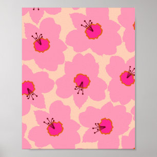 Poster Laranja E Retro-Floral Rosa