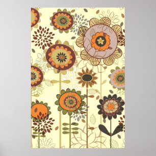 Pôster Laranja retro bonito, costume floral marrom do