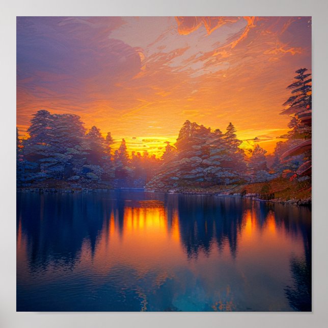 Poster Laranja Sunset no Lago Calm Forest (Frente)
