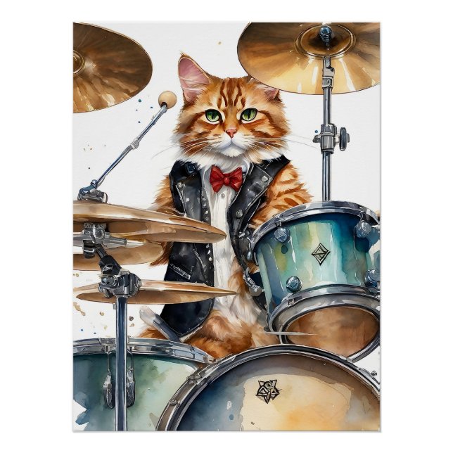 Pôster Laranja Tabby Cat Rock Star Jogando Tina Vermelha (Frente)