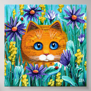 Pôster Laranja Tabby Gato Roxo Flores Aster Criações