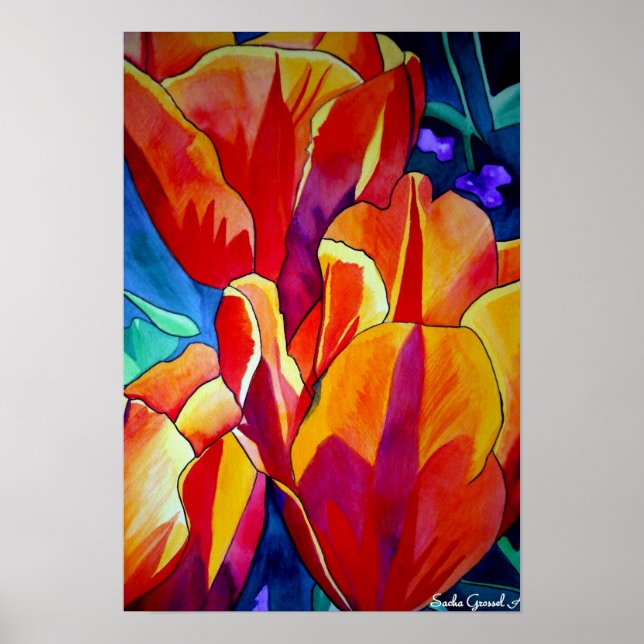 Pôster Laranja Tulipas aquarela pintura floral (Frente)