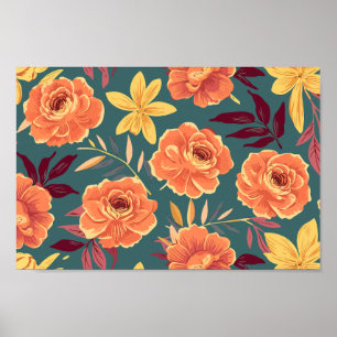 Poster Laranja Vibrante e Floral Amarelo em Fundo Verde