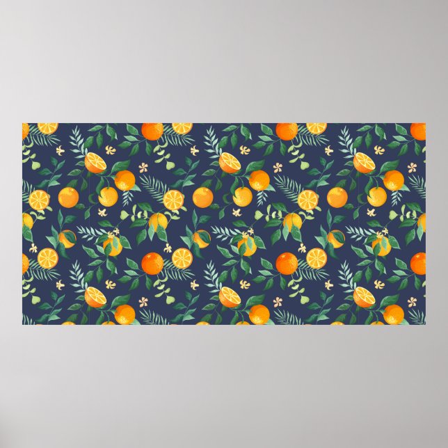 Poster Laranjas frutas com folhas tropicais e flores em (Frente)