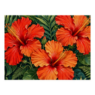 Pôster Laranjas Luxuriantes Hibisco Flores Tropicais da S