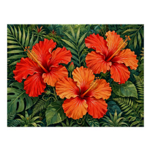 Pôster Laranjas Luxuriantes Hibisco Flores Tropicais da S