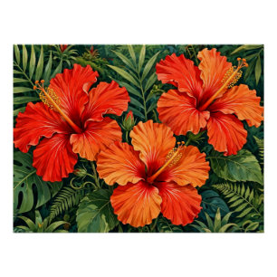 Pôster Laranjas Luxuriantes Hibisco Flores Tropicais da S