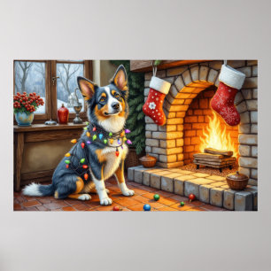 Poster Lareira Blue Heeler com Luzes de Natal