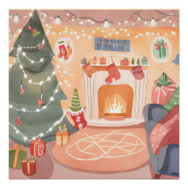 Pôster Lareira de Natal em Aquarela