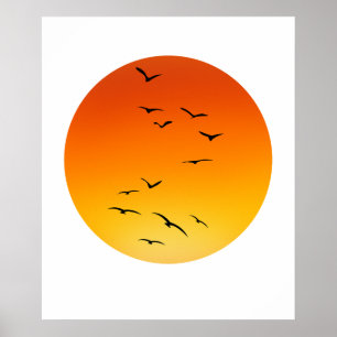 Poster Large Flock of Birds flying toward a Glowing Sun.