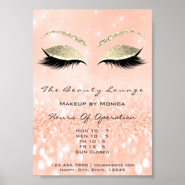 Poster Lashes Makeup Artista Glitter Beauty Salon Peach (Frente)